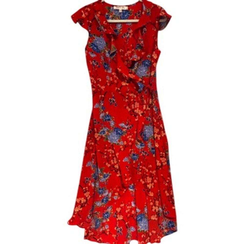 Magnolia Skye Red Floral Ruffle Wrap Dress High Low V-Neck Sz S boho cottagecore - Picture 2 of 10
